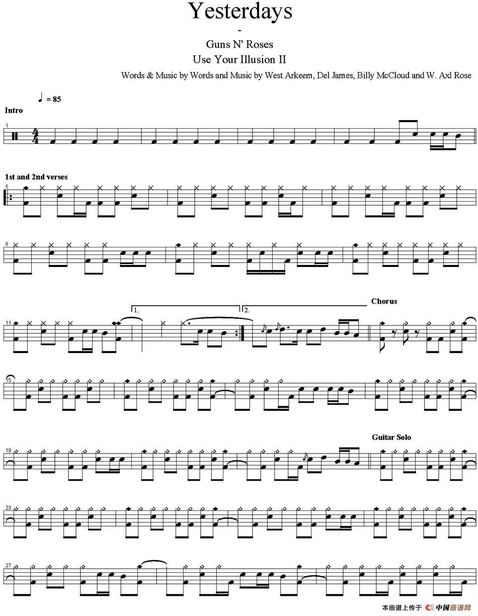爵士鼓谱：Guns n' Roses - Yesterdays